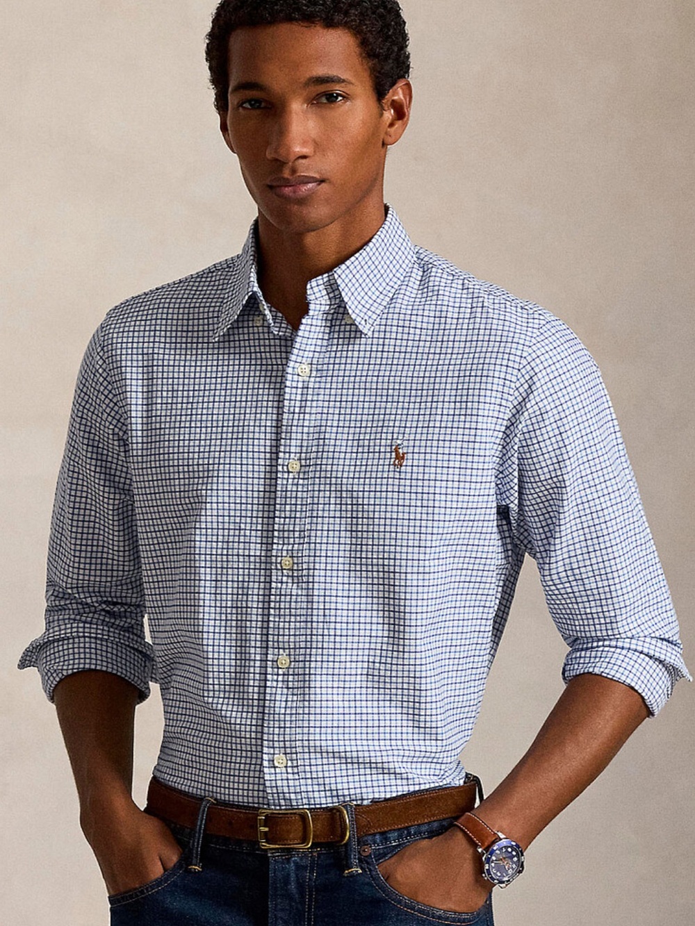 Ralph Lauren Classic Fit Checkered Cotton Shirt in Blue & White Size Large